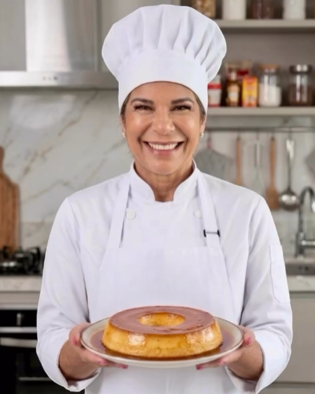 Luciana Perim na cozinha com pudim artesanal